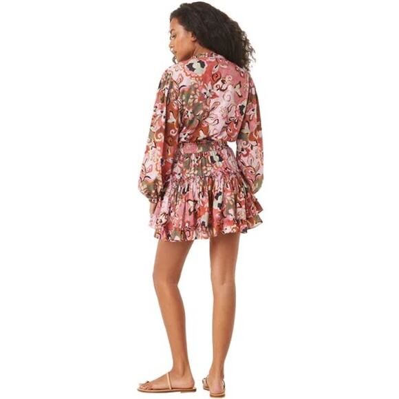 MISA LORENA BATIK PRINT COTTON BLEND MINI DRESS RUCHED WAIST RUFFLE TRIM SZ SM - Picture 6 of 10